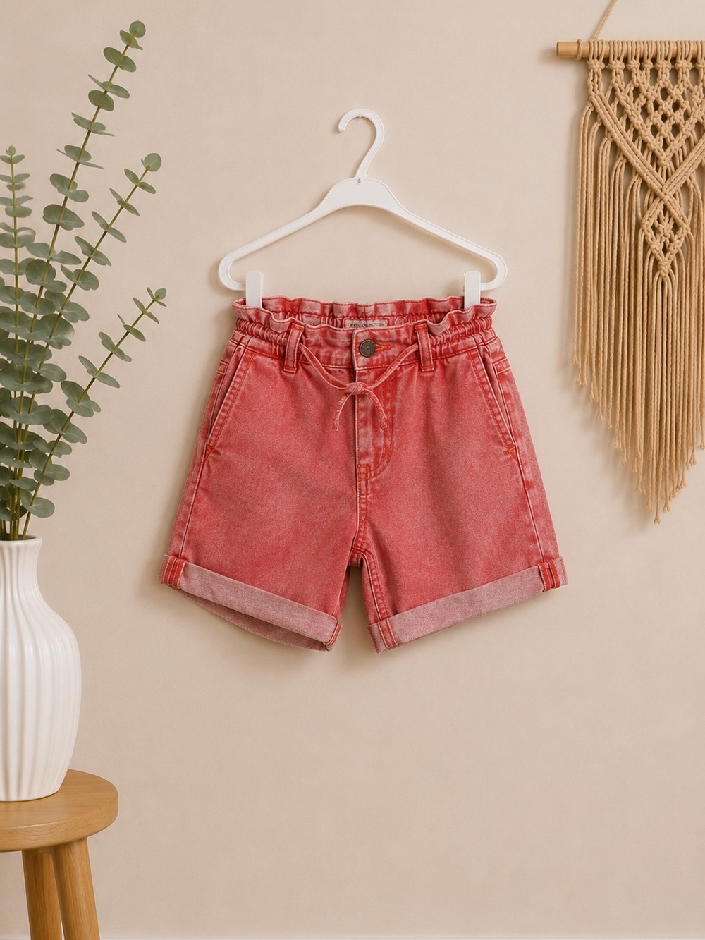 Girls Coral Pink Paperbag-Waist Rolled-Hem Shorts